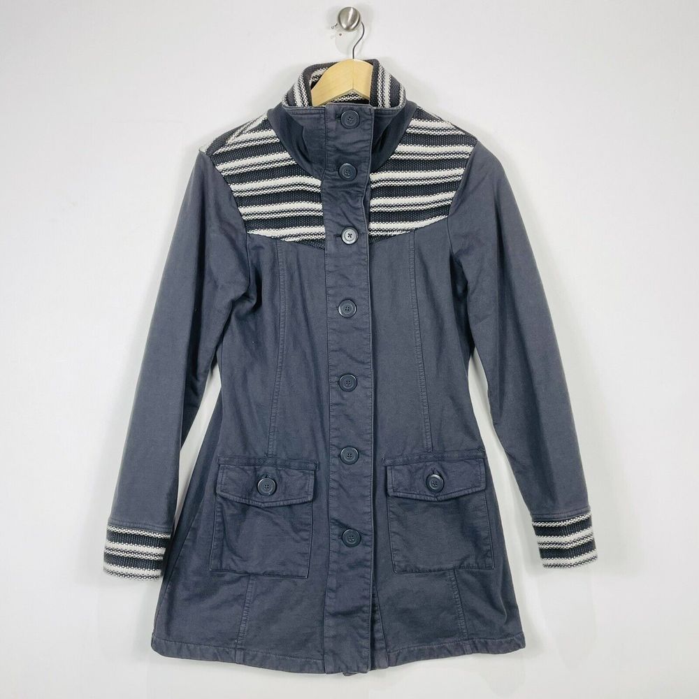 Prana Jacket Women Small Gray Striped Rugged Coastal Wrap Neck Boho‎ Gorpcore